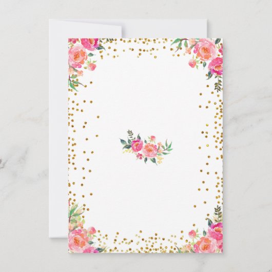 女の子のピンクおよび金ゴールドのバニーの誕生日の花柄 招待状 (裏面)