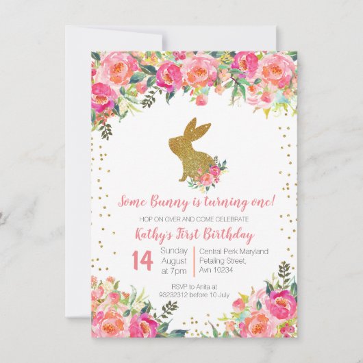 女の子のピンクおよび金ゴールドのバニーの誕生日の花柄 招待状 (正面)
