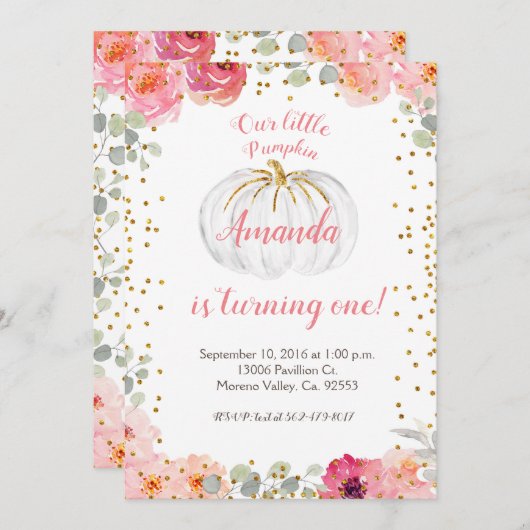 女の子のピンクおよび金ゴールドは私達のカボチャ1つを回しています 招待状 (正面/裏面)
