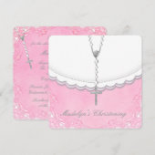 女の子のピンクとグレーの洗礼 招待状 (正面/裏面)