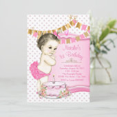 女の子のピンクとゴールドの1歳誕生日 招待状 (スタンド正面)