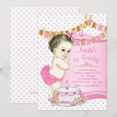 女の子のピンクとゴールドの1歳誕生日 招待状 (正面/裏面)