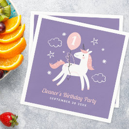 女の子のピンクとパープルのユニコーン誕生日 スタンダードカクテルナプキン
