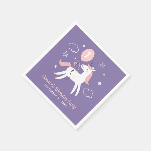 女の子のピンクとパープルのユニコーン誕生日 スタンダードカクテルナプキン (角)