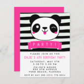 女の子のピンクと黒のハッピーパンダ誕生パーティー 招待状 (正面/裏面)