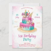 女の子のピンクのかわいいお誕生日ケーキ スイート 1歳 招待状 (正面)