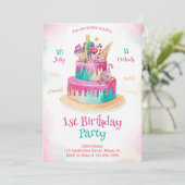女の子のピンクのかわいいお誕生日ケーキ スイート 1歳 招待状 (スタンド正面)