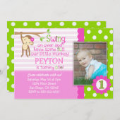 女の子のピンクのためのモダンな猿の誕生日の招待状 招待状 (正面/裏面)