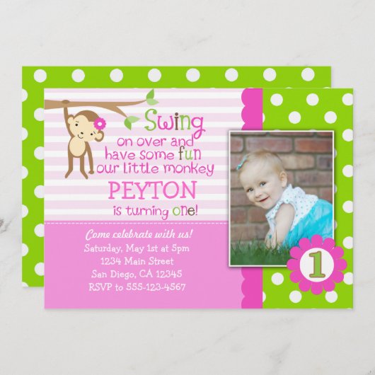 女の子のピンクのためのモダンな猿の誕生日の招待状 招待状 (正面/裏面)