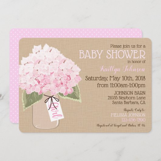 女の子のピンクのアジサイのメーソンジャーの素朴なベビーシャワー 招待状 (正面/裏面)