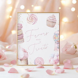 女の子のピンクのキャンディがテーブルトップの看板を引き立てて扱う ポスター