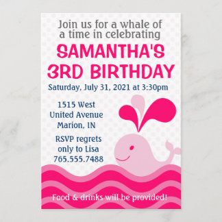 女の子のピンクのクジラの誕生日パーティー招待状 招待状