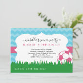 女の子のピンクのサッカーの誕生日のパーティの招待状 サンキューカード (スタンド正面)