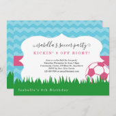 女の子のピンクのサッカーの誕生日のパーティの招待状 サンキューカード (正面/裏面)