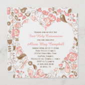 女の子のピンクのハートの花柄の最初聖餐 招待状 (正面/裏面)