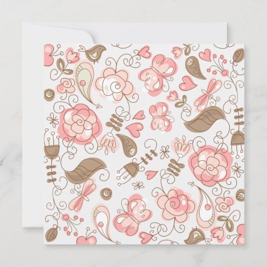 女の子のピンクのハートの花柄の最初聖餐 招待状 (裏面)