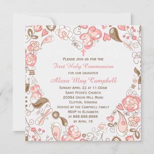 女の子のピンクのハートの花柄の最初聖餐 招待状 (正面)