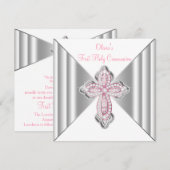 女の子のピンクのファーストコミュニオン 招待状 (正面/裏面)