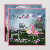 女の子のピンクのフラミンゴの不思議の国のベビーシャワー 招待状 (正面/裏面)