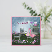 女の子のピンクのフラミンゴの不思議の国のベビーシャワー 招待状 (スタンド正面)