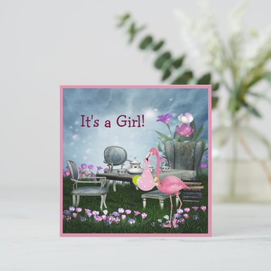 女の子のピンクのフラミンゴの不思議の国のベビーシャワー 招待状 (スタンド正面)