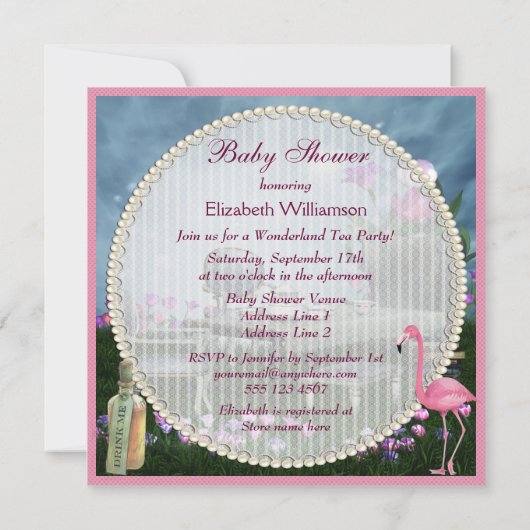 女の子のピンクのフラミンゴの不思議の国のベビーシャワー 招待状 (裏面)