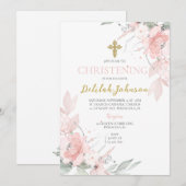 女の子のピンクのフラワーブラッシュ洗礼 招待状 (正面/裏面)