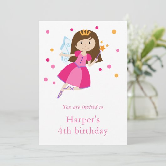 女の子のピンクのプリンセスフェアリー4歳の誕生日 招待状 (スタンド正面)
