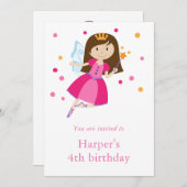 女の子のピンクのプリンセスフェアリー4歳の誕生日 招待状 (正面/裏面)