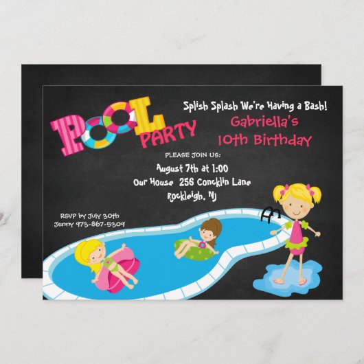 女の子のピンクのプールを囲んでのパーティの誕生日の招待状 招待状 (正面/裏面)