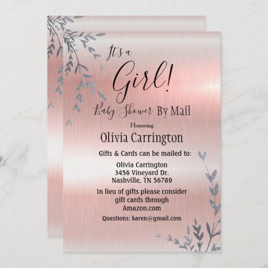 女の子のピンクのメタリックなベビーシャワーを郵便で 招待状 (正面/裏面)