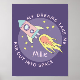 女の子のピンクのロケット船の宇宙と名前の子供用ポスター ポスター