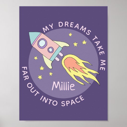 女の子のピンクのロケット船の宇宙と名前の子供用ポスター ポスター (正面)