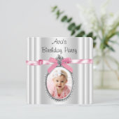 女の子のピンクの写真誕生日パーティー 招待状 (スタンド正面)