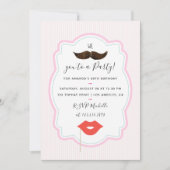 女の子のピンクの口ひげパーティー招待状 招待状 (正面)