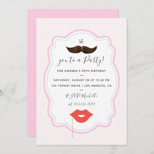 女の子のピンクの口ひげパーティー招待状 招待状 (正面/裏面)