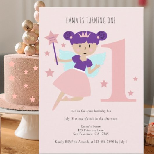 女の子のピンクの妖精バレリーナ 1歳の誕生日パーティー 招待状