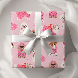 女の子のピンクの子犬パーティー 誕生日 ラッピングペーパー