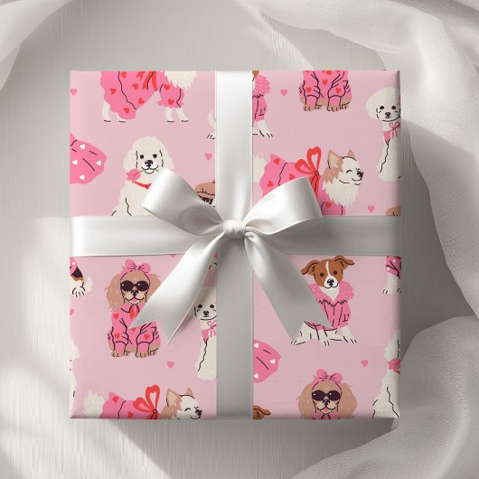 女の子のピンクの子犬パーティー 誕生日 ラッピングペーパー