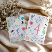 女の子のピンクの春の花と蜂の子供の誕生日 招待状