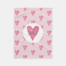『女の子のピンクの水彩ハートと名前の子どもの名前』 フリースブランケット