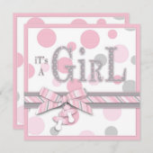 女の子のピンクの灰色はベビーシャワーに点を打ちます 招待状 (正面/裏面)