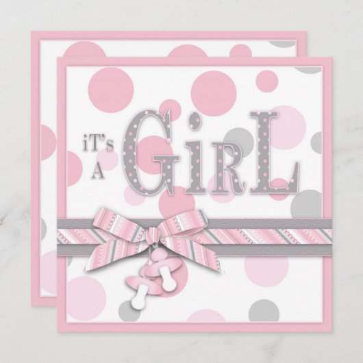 女の子のピンクの灰色はベビーシャワーに点を打ちます 招待状 (正面/裏面)