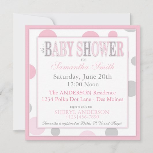 女の子のピンクの灰色はベビーシャワーに点を打ちます 招待状 (裏面)