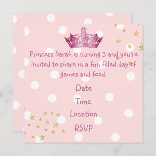 女の子のピンクの王冠の誕生日の招待状 招待状 (正面/裏面)