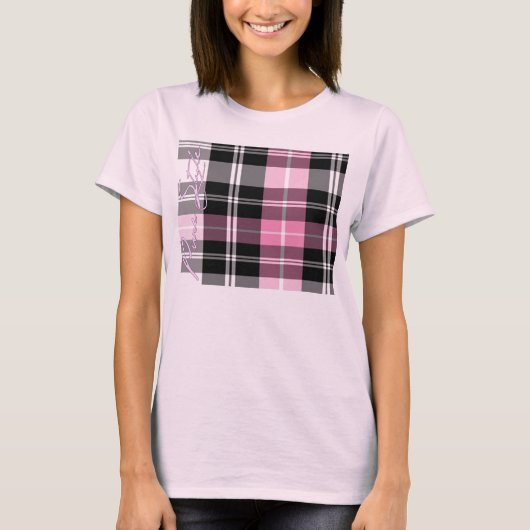 女の子のピンクの純粋なスタイルの格子縞の上 Tシャツ (正面)