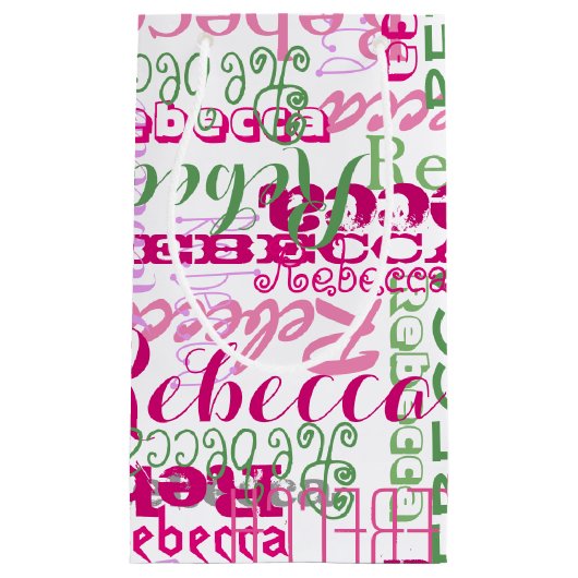 女の子のピンクの緑のおもしろいの名前のコラージュのすべてのプリント スモールペーパーバッグ (正面)