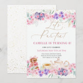 女の子のピンクの花のティーパーティー誕生日 招待状 (正面/裏面)