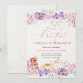 女の子のピンクの花のティーパーティー誕生日 招待状 (正面/裏面)