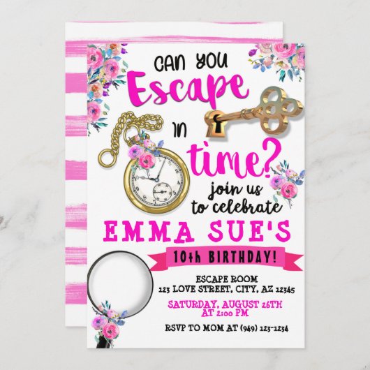 女の子のピンクの花の脱出ゲーム誕生日 招待状 (正面/裏面)